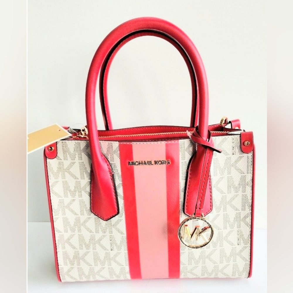 MICHAEL KORS CENTER STRIPE MAPLE SM SATCHEL TOTE Crossbody Geranium Pink